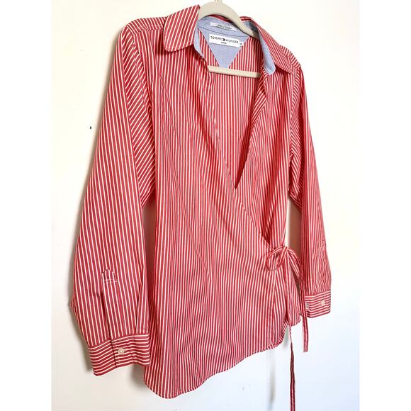 Tommy Hilfiger Red White Stripe Wrap Blouse Womens 1X Cotton Long Sleeve Preppy - Picture 6 of 12